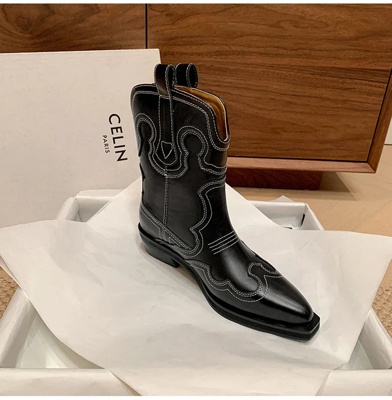 Ods Cowboy Western Boots For Women Real Leather Embroidered Pointed Toe Mid-calf Western Boot Retro Fashion Casual High Quality