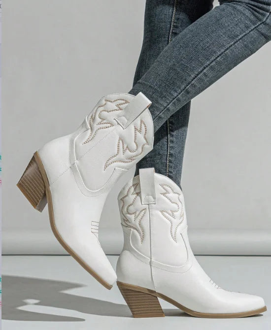 Aneikeh Autumn Winter Vintage Embroidered Large Western Cowboy Boots New Style Coarse Heel Pointed Ankle Barrel Knight Boots