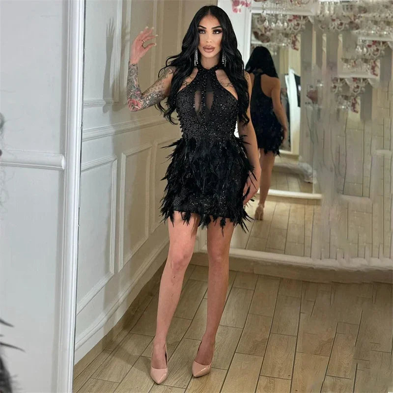 Sexy Glitter Sequins Birthday Dress Women Nightclub Party Halter Backless Feathers Sleeveless Prom Cocktail Short Dresses Robe