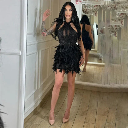 Sexy Glitter Sequins Birthday Dress Women Nightclub Party Halter Backless Feathers Sleeveless Prom Cocktail Short Dresses Robe
