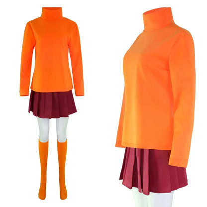 Halloween Velma Cosplay Costume Orange Short Skirt Uniform Women Orange Socks Top Skirt Halloween Party Carnival Set