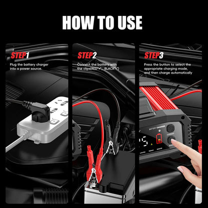 Portable 25A/15A Smart Car Battery Charger Car Booster Pulse Repair for 12V-24V Motorcycle Lead Acid AGM GEL LiFePo4 Batteries