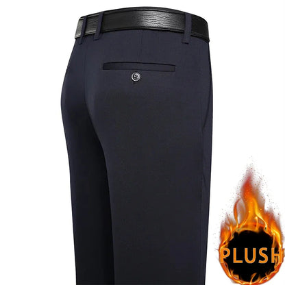 2024 Autumn Winter Men's Thick Warm Fleece Pants Plush Smart Casual Suit Pants Loose Straight Navy Blue Black Pants Trousers