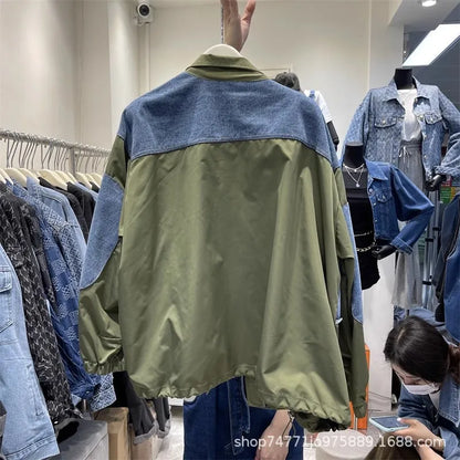 Women Patchwork Denim Bomber Jacket Spring Autumn Fake Two Piece Loose Drawstring Waist Patchwork Jean Coat Cowboy Cardigan Tops