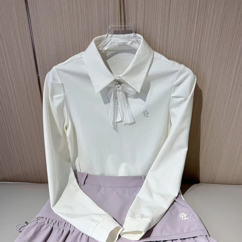 PL Golf Women New Autumn Top Puff Long Sleeve Polo Shirts Elegant Korean Style T-shirts Lady Pleated Golf Cargo Skirt with Short