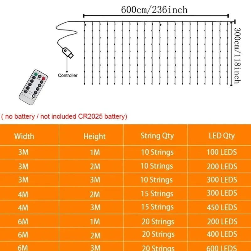 USB Curtain String Lights 8 Lighting Modes LED Light for Outdoor Garden Wedding Christmas New Year Home Decoration