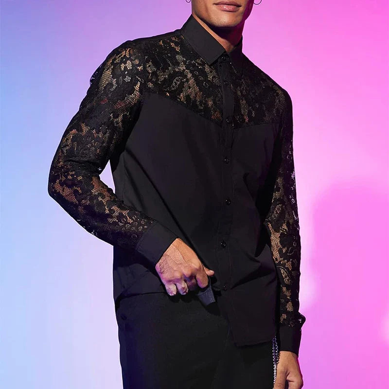 Chemise en dentelle brodée à manches longues pour hommes, cardigans à revers boutonnés, chemises transparentes sexy, mode printemps et automne