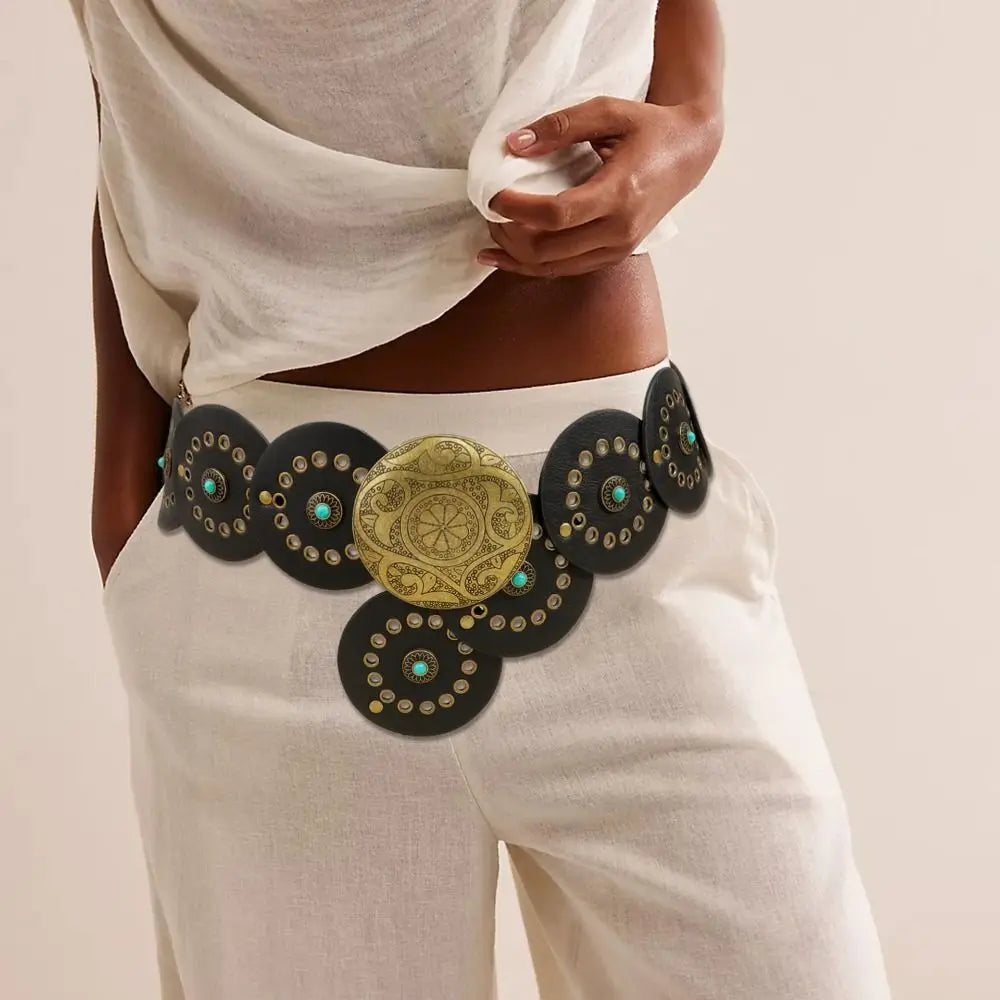 Exaggerated Wide Boho Disc Belt Rivet Turquoise Carved Buckle Waist Belt Adjustable Alloy Western Leather Waistband Cowgirl