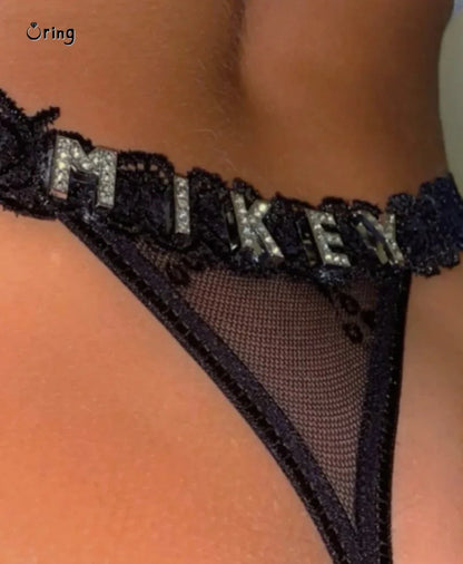 Tongs personnalisées avec nom pour petit ami, lettre en cristal, bijoux de corps pour femmes, Bikini Sexy en dentelle, culotte string, cadeau de saint valentin
