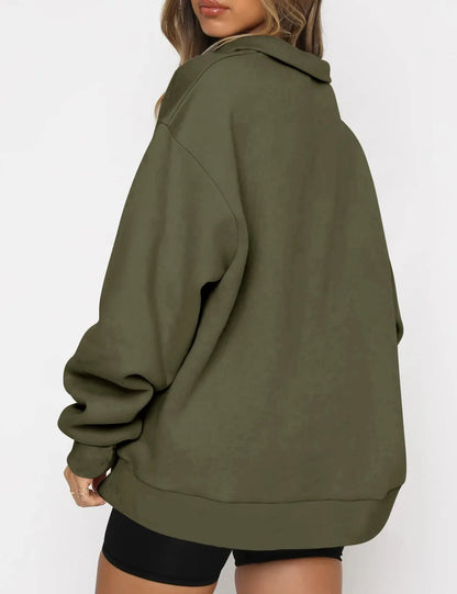 Women Sweatshirts Turn Down Collar Zipper Pullovers Long Sleeve Spliced Thick Warm Sweatshirt Outwear Autumn Winter 2024