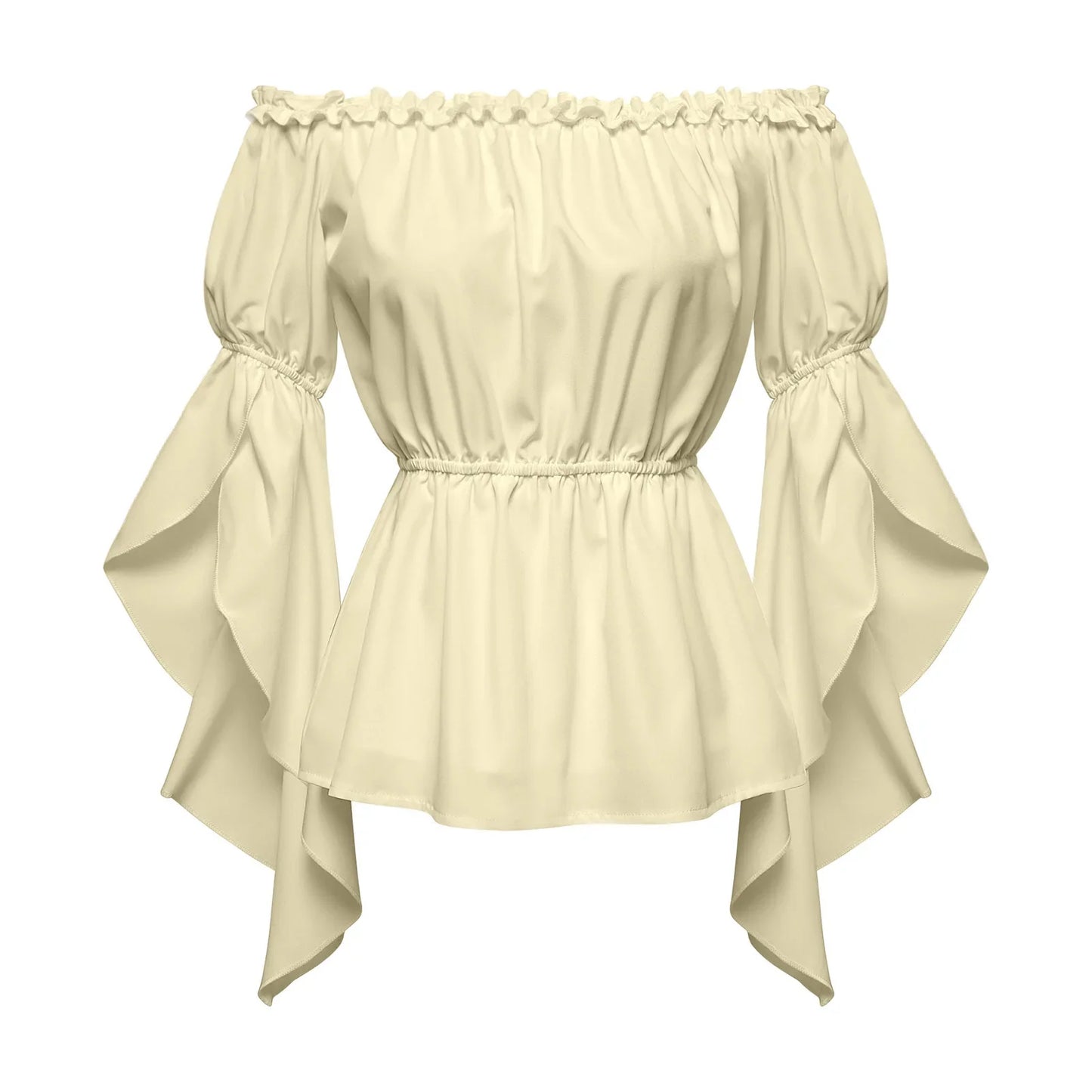 Women's Renaissance Ruffle Blouses, Ruched Sleeve Pleated Blouse, Off Shoulder Boat Neck Medieval Shirt, Victorian Shirt