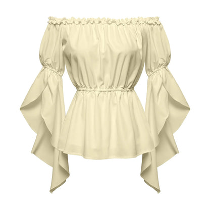 Women's Renaissance Ruffle Blouses, Ruched Sleeve Pleated Blouse, Off Shoulder Boat Neck Medieval Shirt, Victorian Shirt