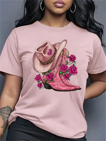 Western Cowboy Hat and Boot Pattern Women's T-shirt Fashionable Casual Short Sleeved Daily Street Round Neck Oversized Women Top
