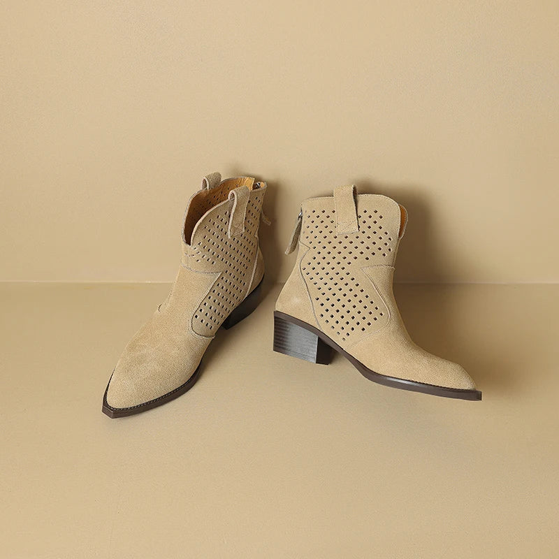 2025 Spring Autumn Chelsea Boots for Woman Cow Suede Pointy Toe Wedge Heel Ankle Boots Cutouts Comfortable Cowboy Boots Female