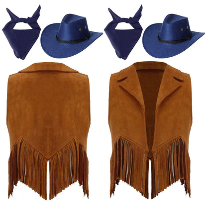 Costume de cosplay pour filles, cow-girl western, gilet en daim rétro à franges, ouvert sur le devant, avec bandana, foulard et chapeau pour Halloween et le carnaval