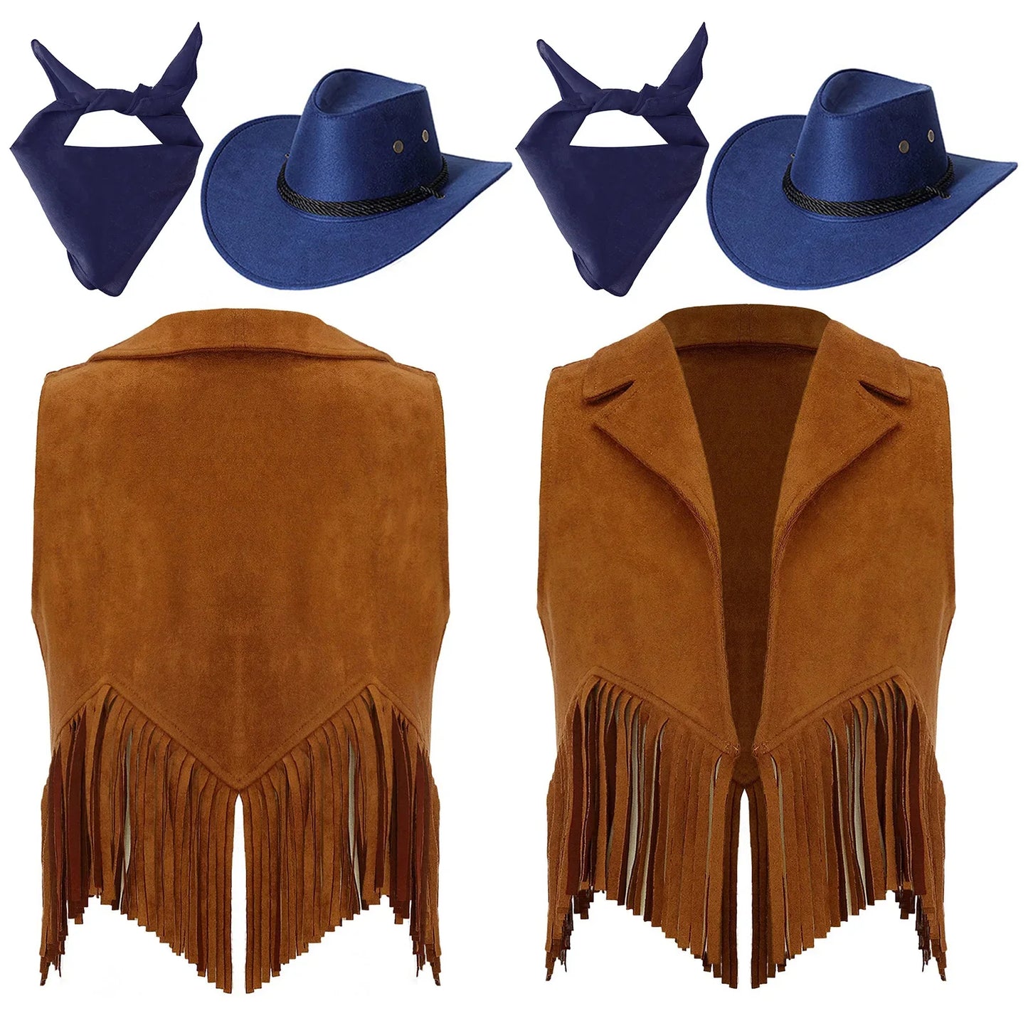 Girls Western Cowboy Cowgirl Cosplay Costume Open Front Retro Suede Tassels Vest with Bandana Scarf Hat for Halloween Carnival