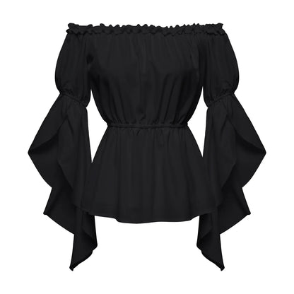 Women's Renaissance Ruffle Blouses, Ruched Sleeve Pleated Blouse, Off Shoulder Boat Neck Medieval Shirt, Victorian Shirt