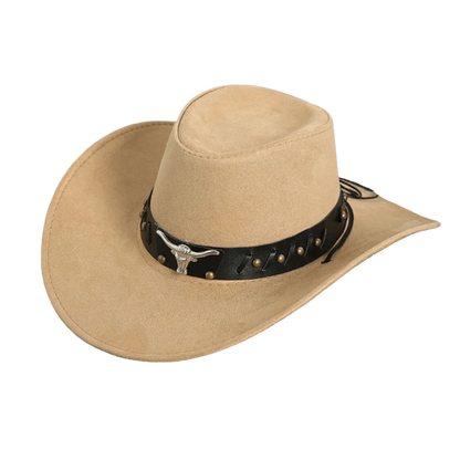 Chapeau de Cowboy occidental de Style ethnique Cool, chapeau de Jazz à large bord en rouleau, tête de vache, chapeau de chevalier de couleur unie, Protection solaire
