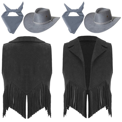 Girls Western Cowboy Cowgirl Cosplay Costume Open Front Retro Suede Tassels Vest with Bandana Scarf Hat for Halloween Carnival