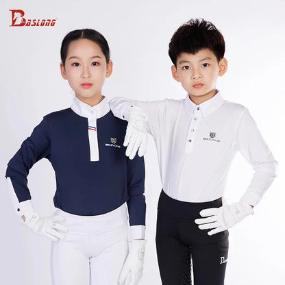 Baslong T-shirt pour enfants, haut à manches longues, protection solaire respirante, vêtements de chevalier pour garçons et filles, compétition d'équitation, vêtements de chevalier