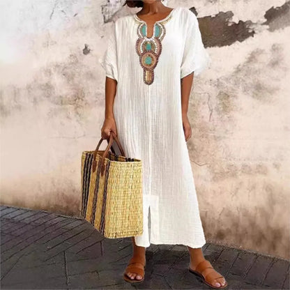 Embroidered Fashion O-Neck Short Sleeve Women Dresses Summer New Casual Unique Slit Dress Elegant Female Vacation Dress Robe