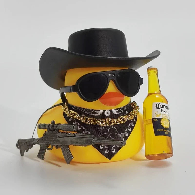 Cute Fortunate Rich Duck Car Dashboard Decoration Yellow Black Duck with Cowboy Hat Scarf Bottle for Women Men Car Ornament