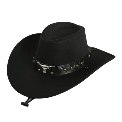 Chapeau de Cowboy occidental de Style ethnique Cool, chapeau de Jazz à large bord en rouleau, tête de vache, chapeau de chevalier de couleur unie, Protection solaire