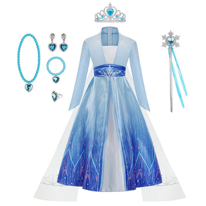 Déguisement Elsa pour Fille, Fête d'Anniversaire, Robe de Princesse Bleue à Manches Longues, Vêtement de Carnaval pour Enfants