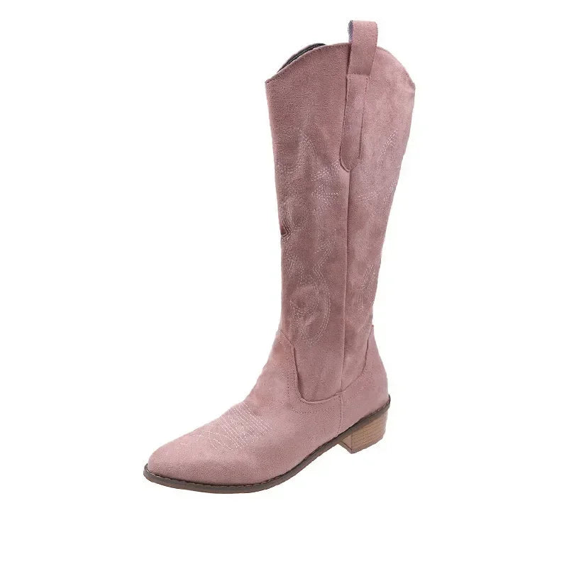 Bottes de Cowboy occidentales brodées pour femmes, bout pointu, talon épais, bottes hautes aux genoux, amples, en cuir PU, longues, automne