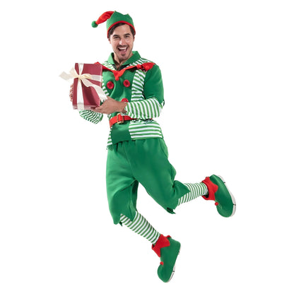 Christmas Santa Claus Costume Green Elf Cosplay Family Carnival Party Halloween Fancy Dress Clothes Set For Men