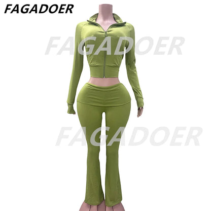 Ensembles 2 pièces FAGADOER automne hiver pour femmes Tenue décontractée Hauts courts à fermeture éclair et poche + Pantalons leggings taille haute Survêtements de jogging Streetwear