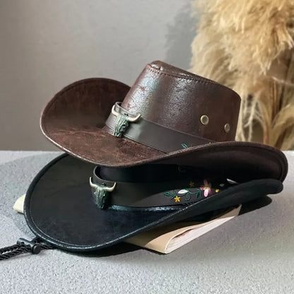Chapeau de cowboy occidental rétro de haute qualité avec décoration tête de vache, chapeau de jazz en faux cuir pour homme, chapeau Panama, chapeau de cowgirl