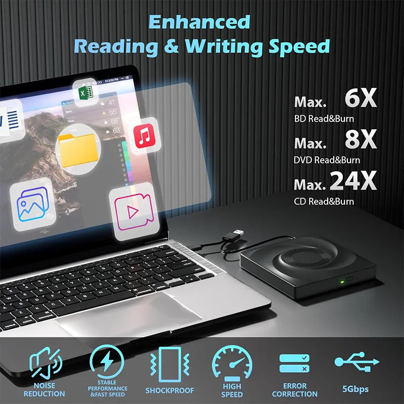 External Bluray Drive for Laptop PC BD/CD/DVD Read&Write Portable Blu ray Player Optical Drives USB 3.0 CD Burner