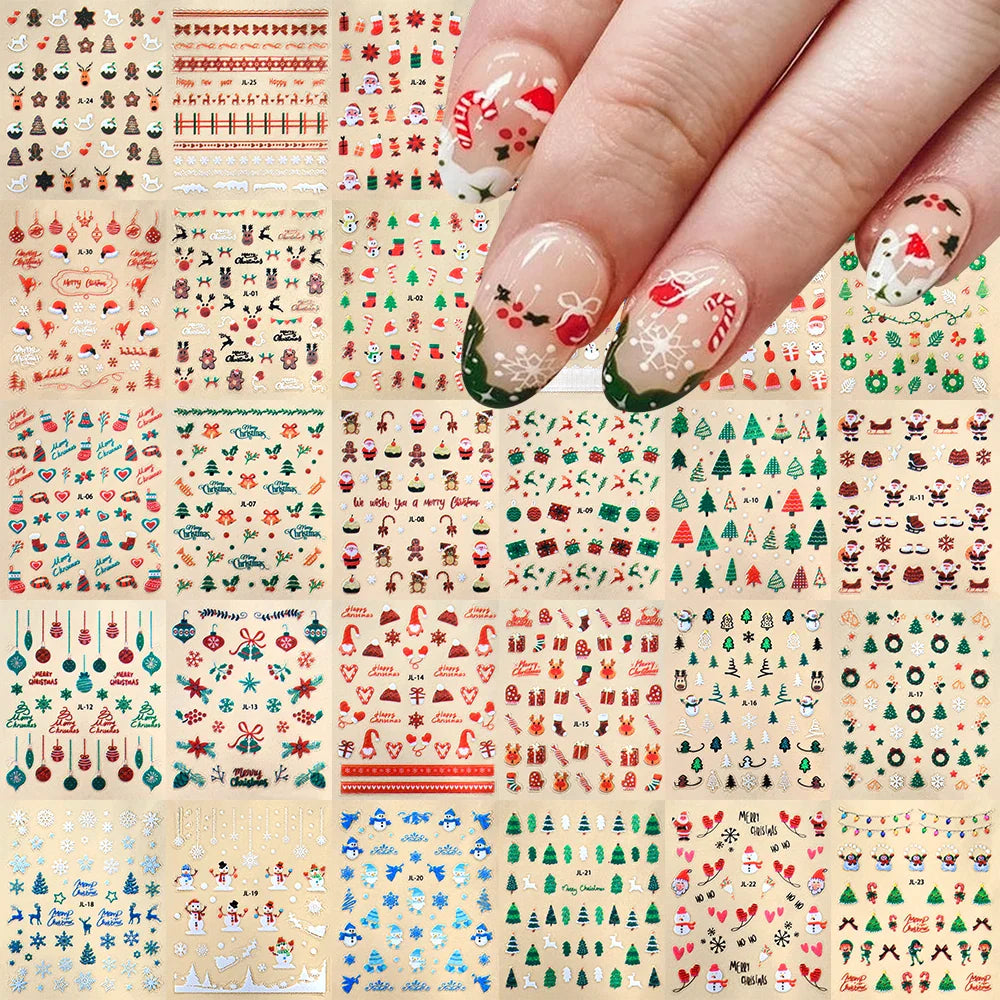 30Pcs Christmas Santa Claus 3D Nail Art Stickers Glitter Cartoon Snowflakes/Snowman/Pine Winter Sliders Xmas DIY Manicure Decals