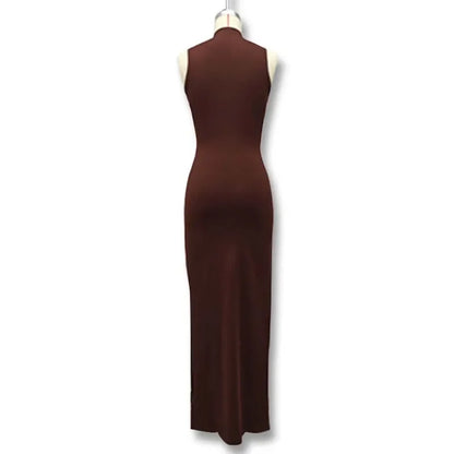 Slim Fit Wrap around Midriff Baring Sleeveless round Neck Dress for Women in Autumn And Winter Pure Color with Belt Detail