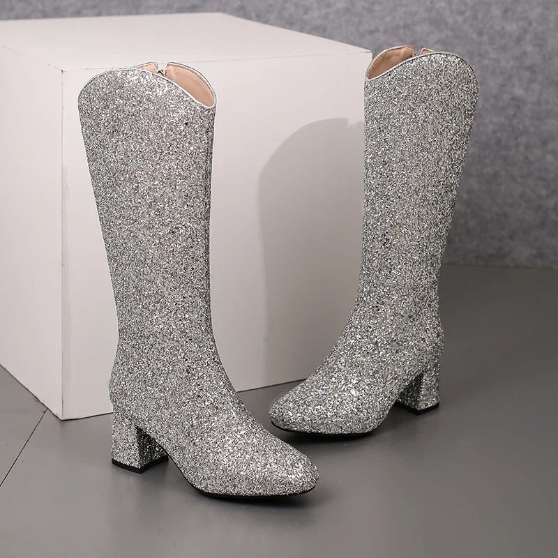 Bottes Hautes Scintillantes pour Femme, Ajustement Confortable, Talons 6,5 cm, Hiver 2024
