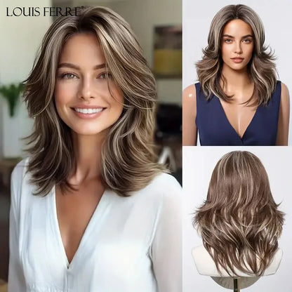 Brown Blonde Ombre Synthetic Wigs for Women Medium Length Wavy Layered Wigs With Side Bangs Daily Party Heat Resistant Fake Hair