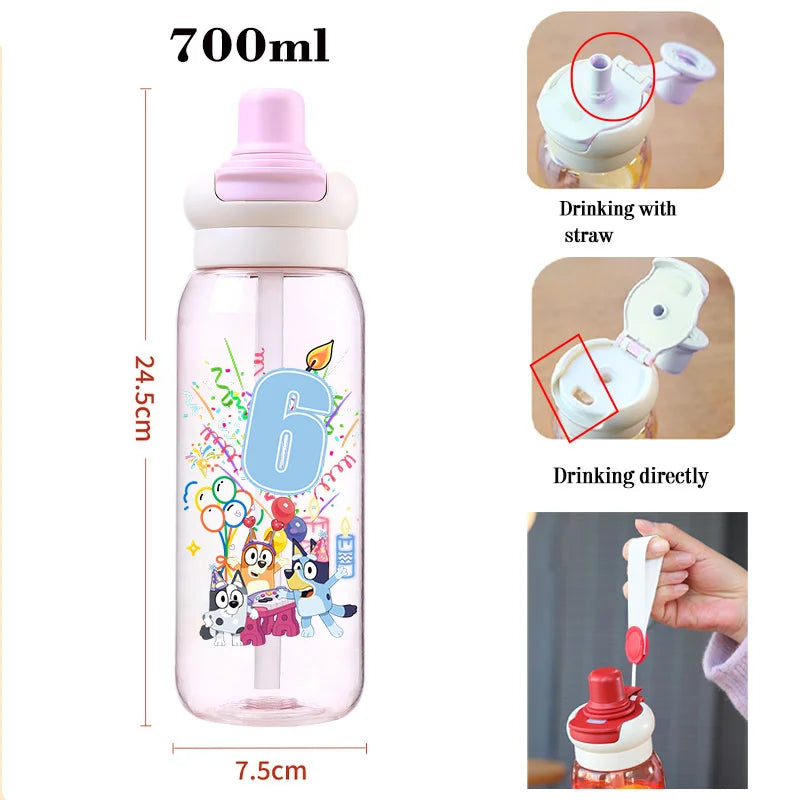 Blueyes Anime Number 1-9 700ML Large Capacity Drink Straw Direct Portable Transparent Water Bottle Handle Rope Child Water Cup