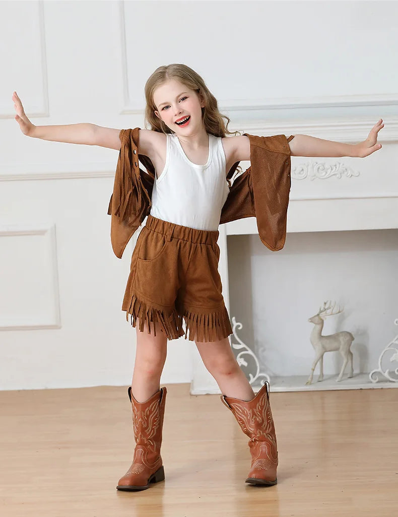 Costume de Cowboy pour filles, gilet à franges, Style bohème rétro, short en Denim occidental en velours pour filles, Costume Hippie