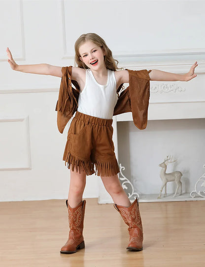 Costume de Cowboy pour filles, gilet à franges, Style bohème rétro, short en Denim occidental en velours pour filles, Costume Hippie