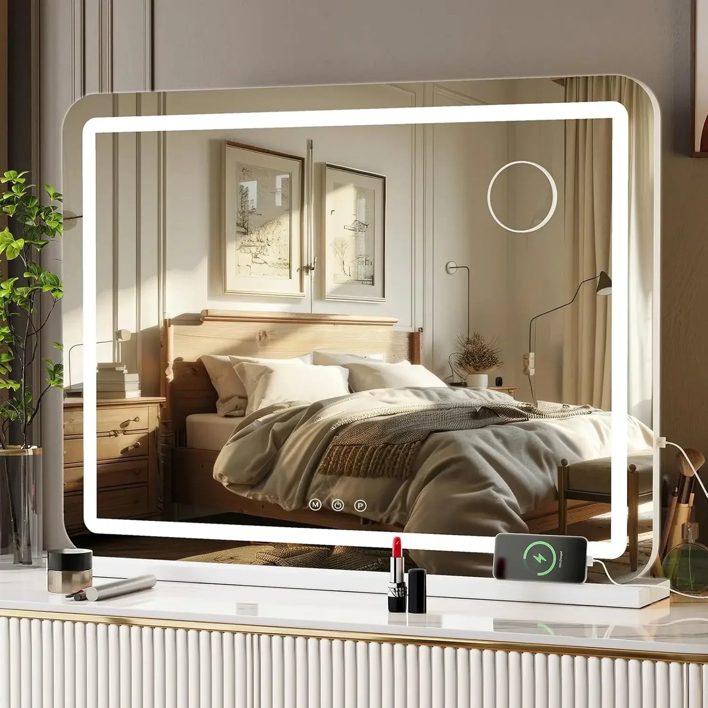 Miroir de maquillage avec éclairage LED 80x60 cm, grand miroir de la Confédération avec USB et type C, loupe 10x, indicateur de température 3 couleurs
