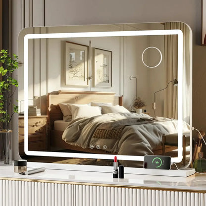 Miroir de maquillage avec éclairage LED 80x60 cm, grand miroir de la Confédération avec USB et type C, loupe 10x, indicateur de température 3 couleurs
