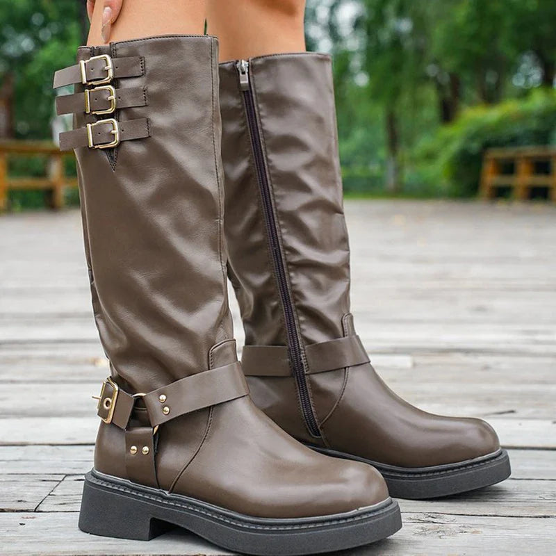 Bottes de cowboy rétro marron pour femmes 2025 Automne Hiver Cuir PU Bottes hautes Botas Mujer Fermeture éclair Boucle Plateforme Bottes de chevalier