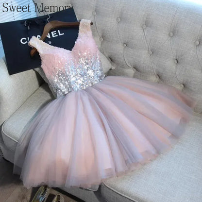 F2122 Customized Short Cocktail Party Dress Girl Graduation Robe 2025 Sweet Memory Colorful Sequined Mesh Tulle Prom Dresses