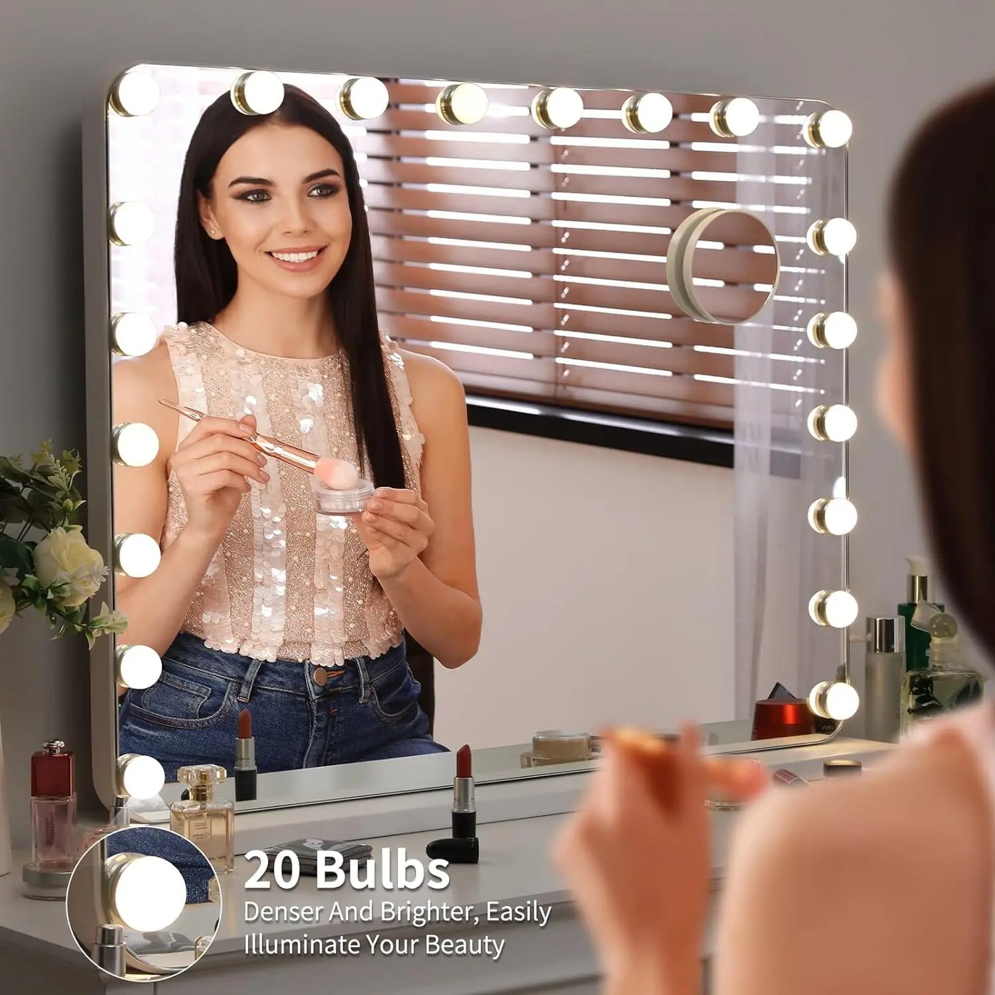 Miroir de maquillage Hollywood avec éclairage 20 LED, lecteur Bluetooth, grand miroir cosmétique 80x60 cm avec 3 variateurs lumineux, USB, tactile