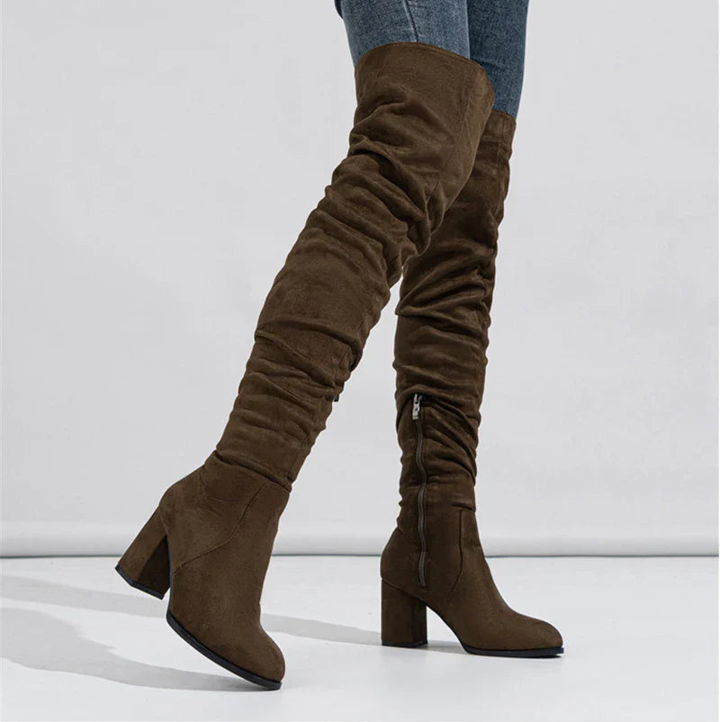 Bottes Noires Marron Cuissardes Liyke 2025 Automne Hiver Femme Sexy Bout Pointu Fermeture Éclair Chaussures Hautes Talon Carré Bottines Femme
