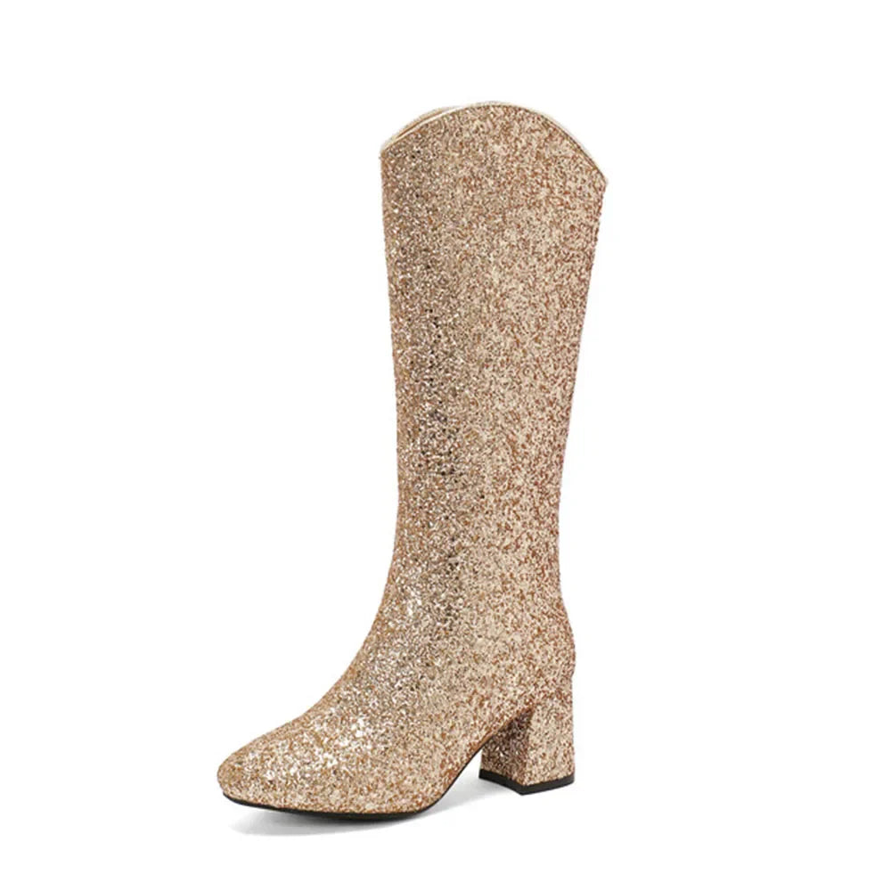 GIGIFOX Women Sequins Glitter Ankle Boots Chunky High Heel Side Zipper Shiny Fashion Shoe Sparkly Wedding Party Mid-Calf Booties