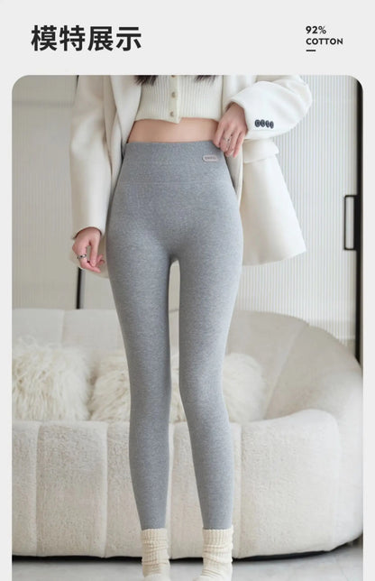 Leggings 420g 92% coton avec doublure polaire pour vêtements d'hiver, polaire d'agneau épaisse en coton pour femmes, pantalon chaud gris taille haute