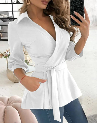 Haut chemise imprimé printemps automne, col en V, manches longues, chemisier décontracté avec ceinture pour femme, idéal pour les fêtes, les clubs et le bureau.