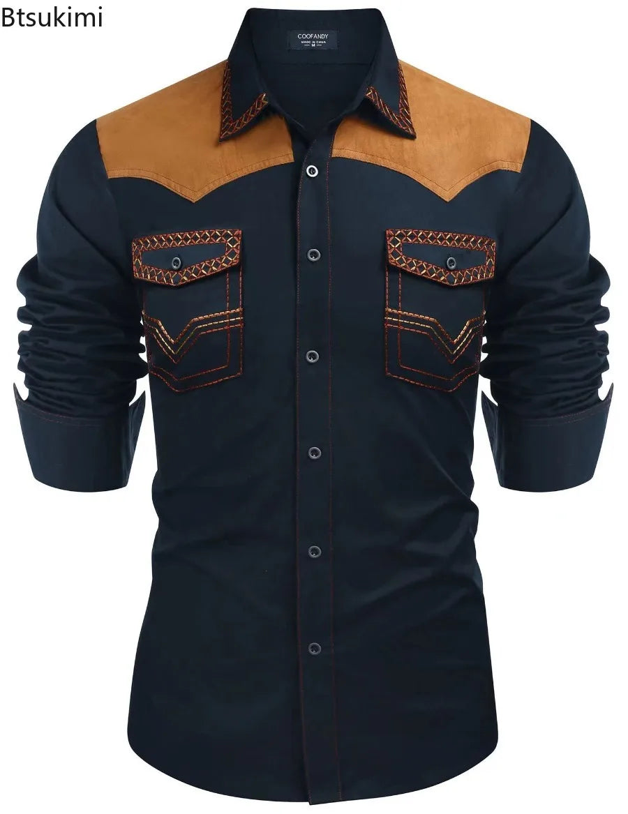 Chemise style cowboy western pour homme, printemps-automne 2025, manches longues, revers, vêtements décontractés et tendance